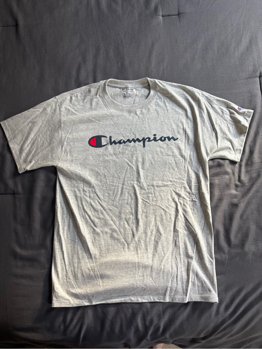 Champion Light Gray Logo Crew Neck T-Shirt with Red Accent